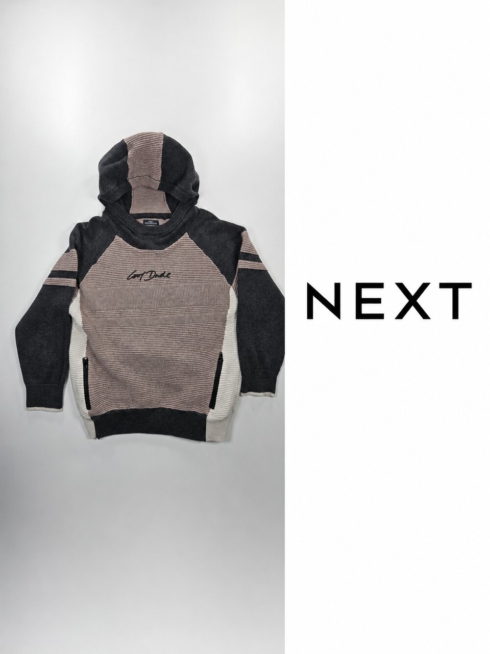 NEXT Boys Knit Hoodie 5-6 Years Colourblock 100% Cotton Cool Dude Graphic